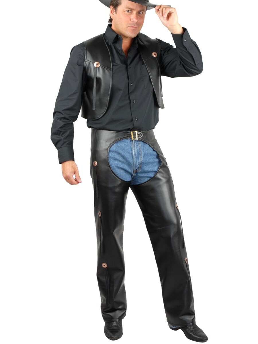 Men's Range Rider Cowboy Costume Black Faux Leather Chaps and Vest