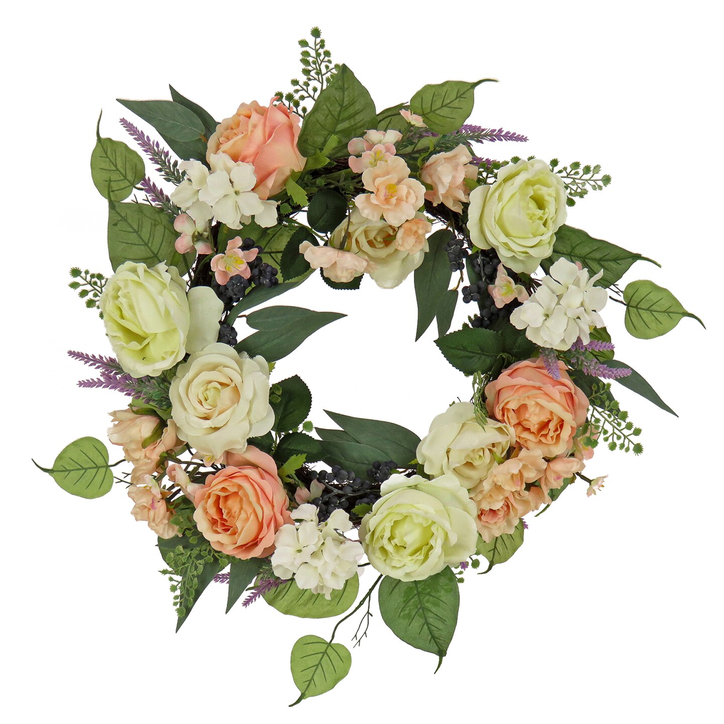 National Tree Company Artificial Spring Wreath, Woven Branch Base, Decorated with Rose and Peony Flower Blooms, Leafy Greens, Spring Collection, 24 Inches