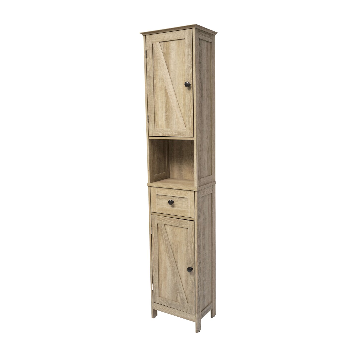Merrick Lane Delilah Slim Linen Tower Organizer with Storage Drawer, Upper and Lower Cabinets with Magnetic Closure Doors and Open Shelf