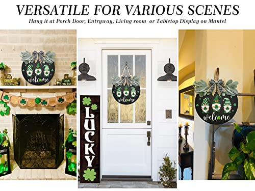 St Patrick's Day Welcome Sign Wreath For Front Door Decor Shamrock Hanging Door Sign Gnomes Pattern With Greenery & Bow Wooden Round St Patricks Day Decoration For The Home Farmhouse Decor 12x12 Inch
