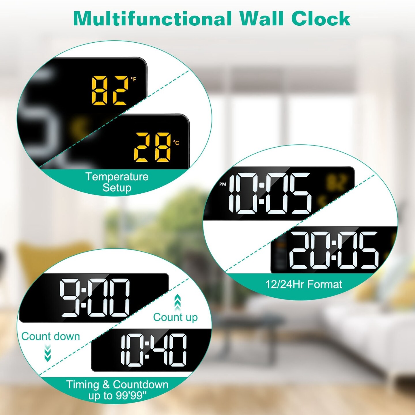 LED Digital Wall Clock with Remote Control - 15.7", 10-Level Brightness, 3 Alarm Settings, 12/24-Hour Format, Countdown Timer, Calendar Display