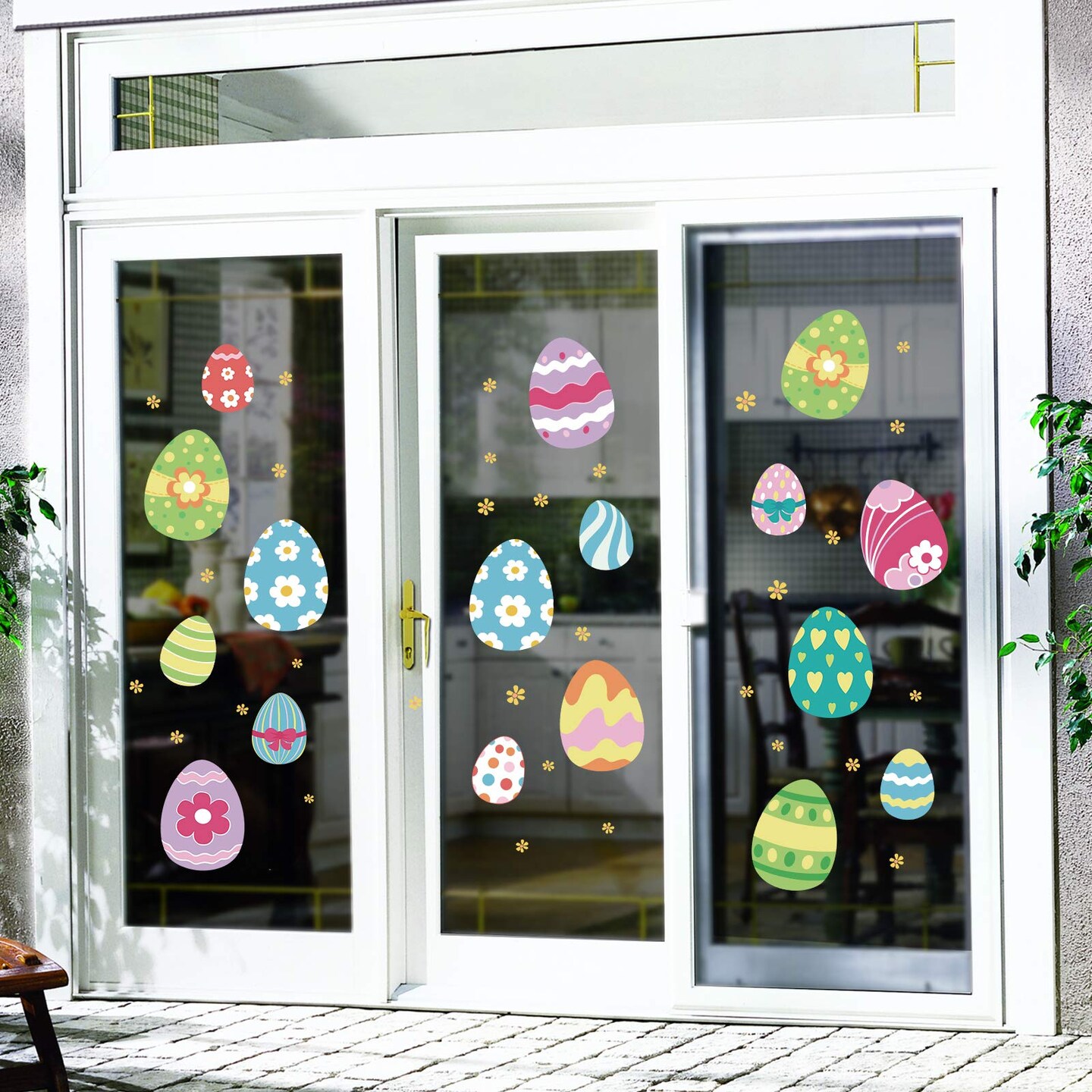 Ivenf Easter Decorations Window Clings Decals Decor, Extra Large Easter Eggs Flowers Party Supplies Gifts, Spring Window Clings Decorations for Kids School Home Office, 4 Sheets 46 pcs