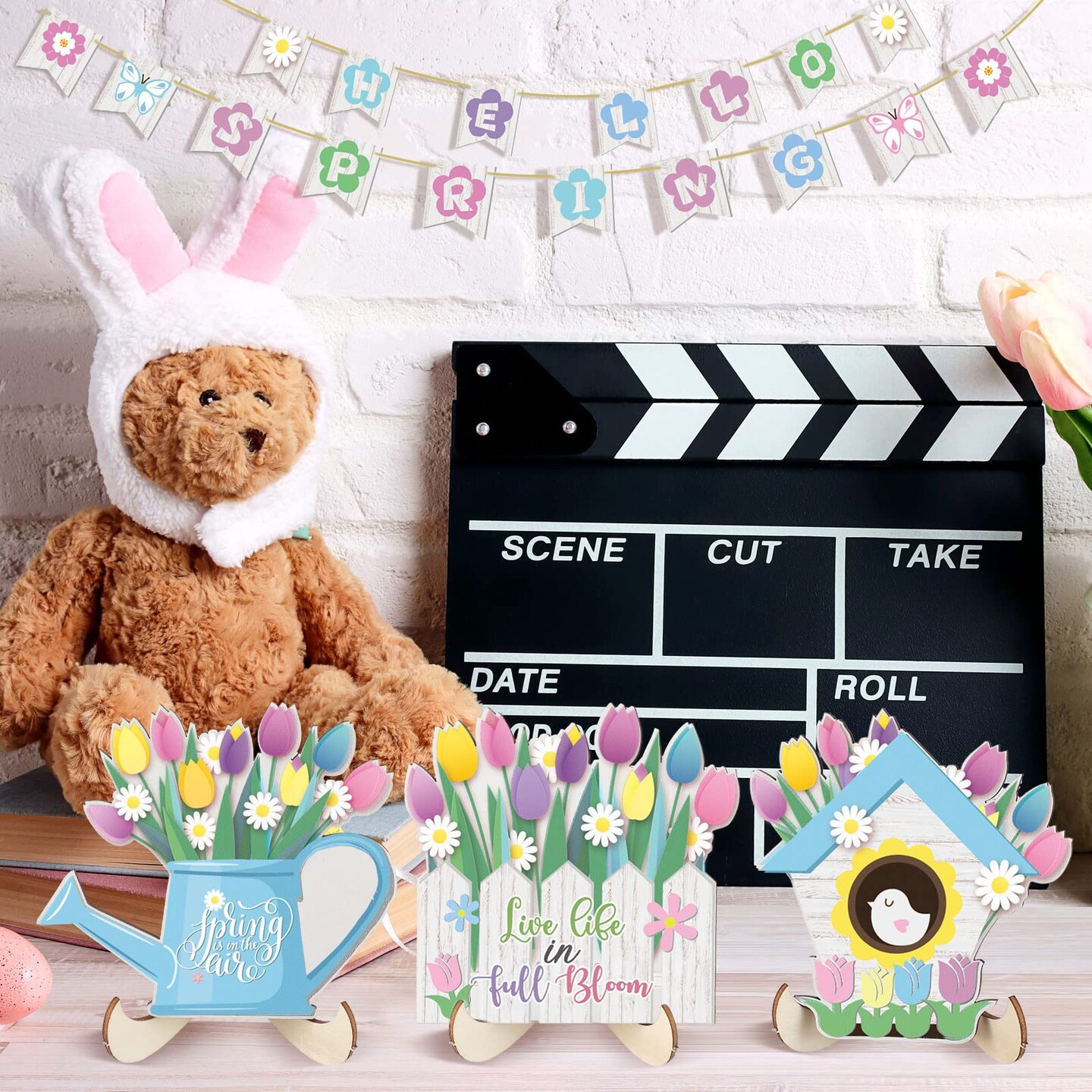 Hello Spring Tiered Tray Decor Tulips Table Wooden Sign Decorations Flower Market Tabletop Rustic Farmhouse Decor for Spring Holiday Party Home Kitchen (Tulip Style)