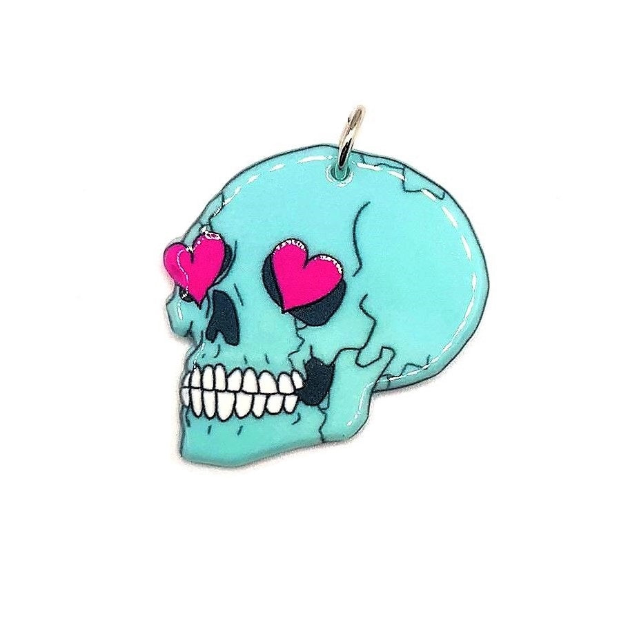 1, 4 or 20 Pieces: Blue Skull with Heart Eyes Charms - Double Sided
