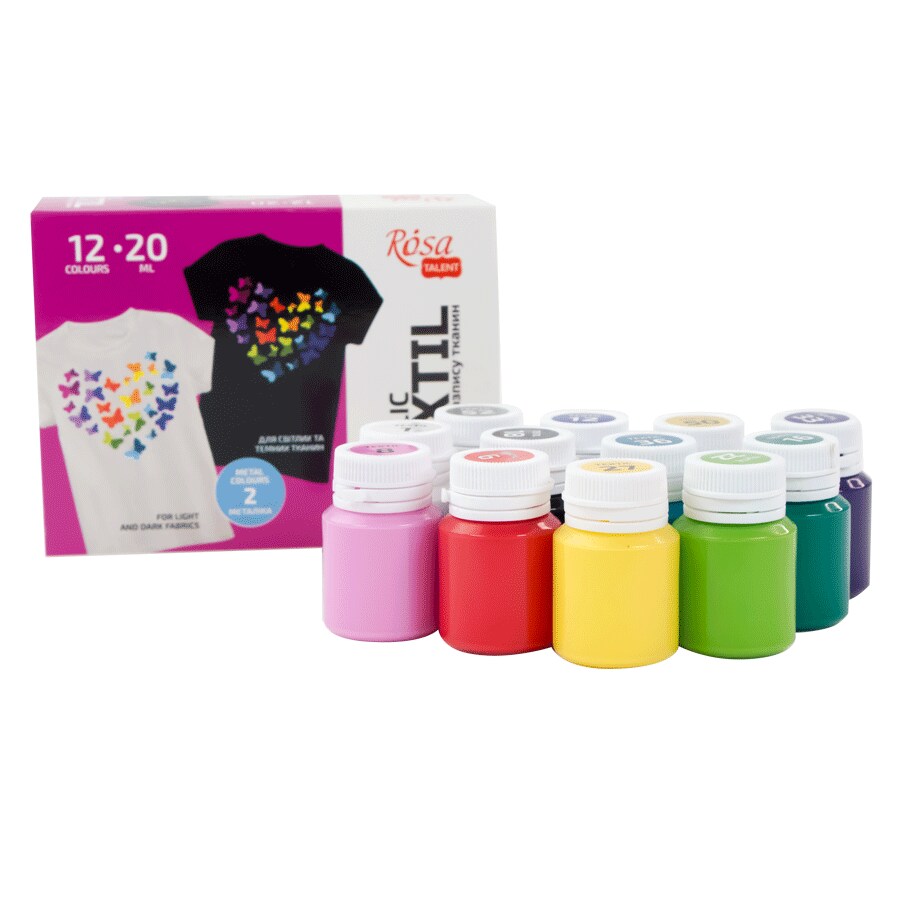 HEART Textile Acrylic Paint Set. 12 colors (20ml) and including 2 metallic by Rosa Talent