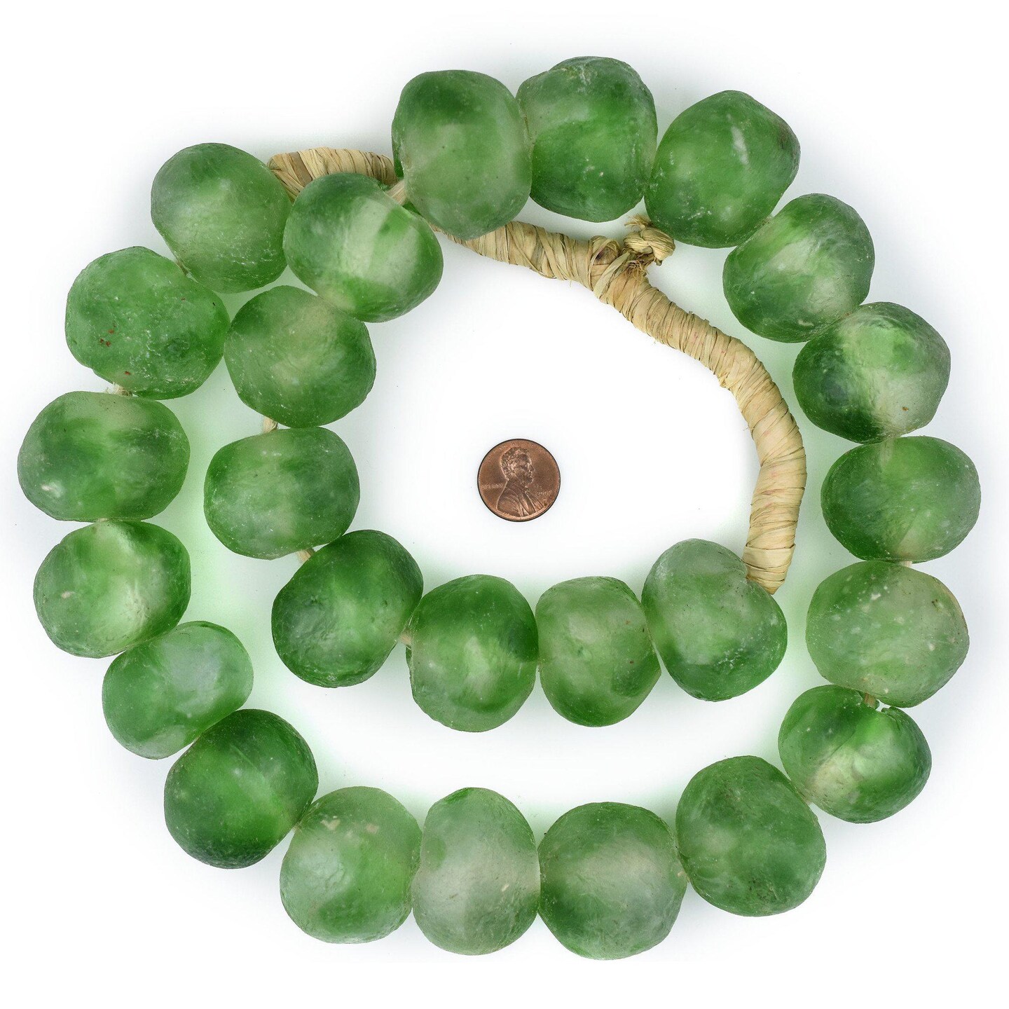 Super Jumbo Recycled Glass Beads - Beaded Wall Hangings - Extra Large African Sea Glass Beads 32-35mm - The Bead Chest (Green Swirl)