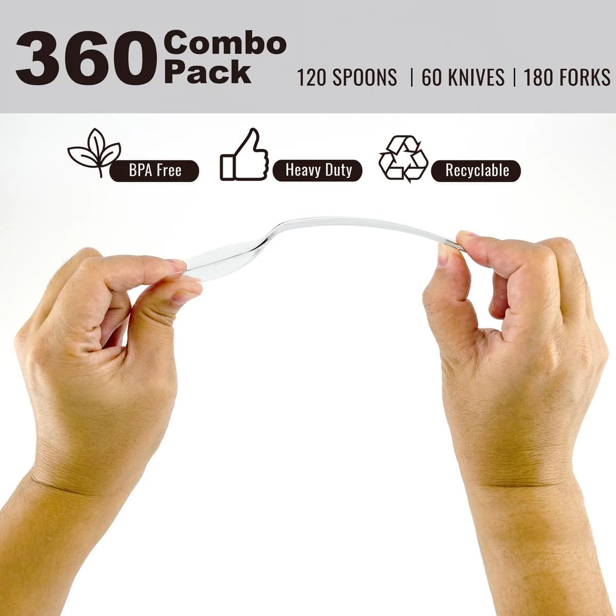 Clear Disposable Cutlery set - 360 Pieces: 180 Forks, 120 Spoons, 60 Knives