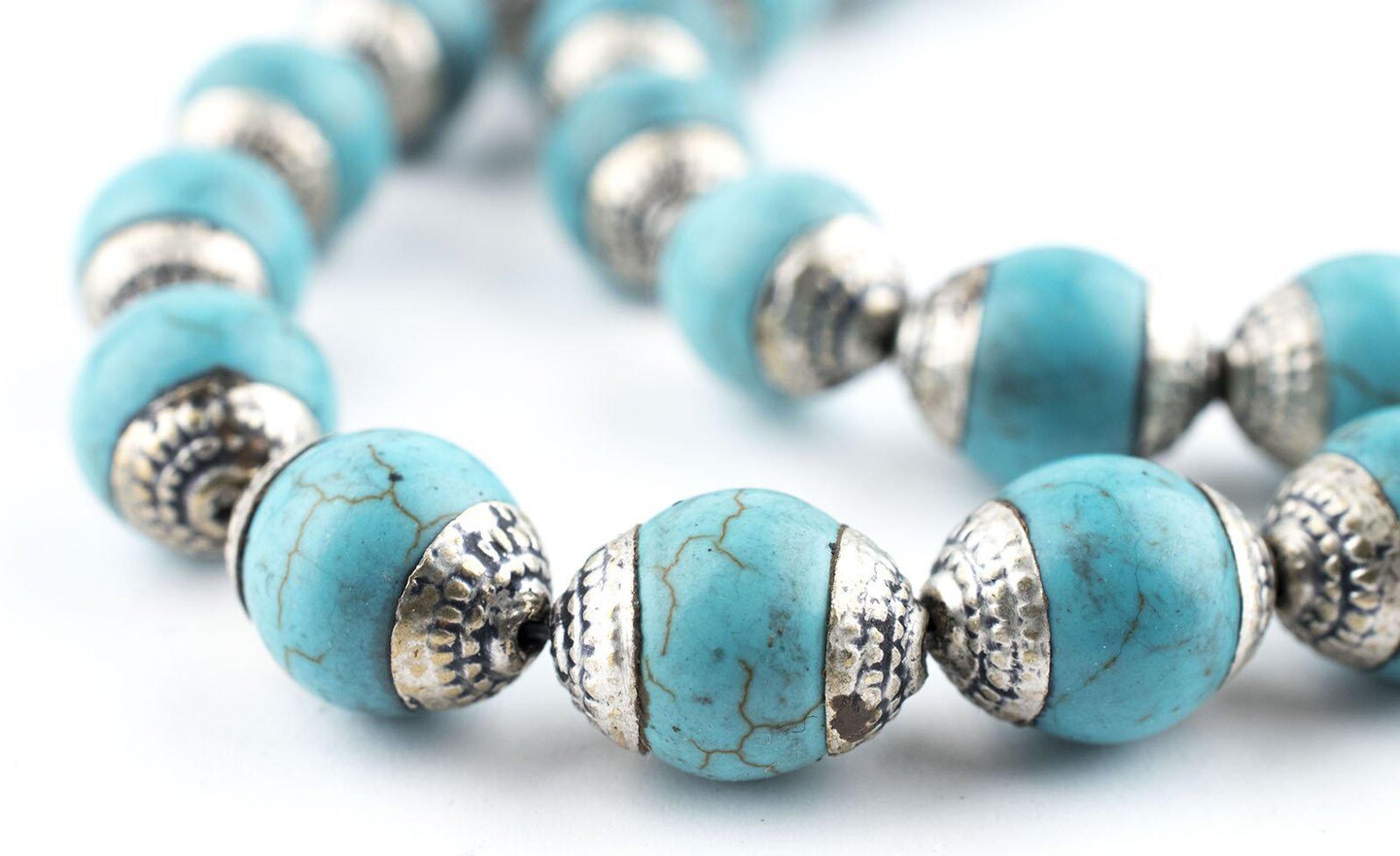 The Bead Chest Capped Turquoise with Silver Gemstone Beads, Full Strand of Round Nepalese Stone Beads, Great for DIY Jewelry Necklace & Bracelet Making