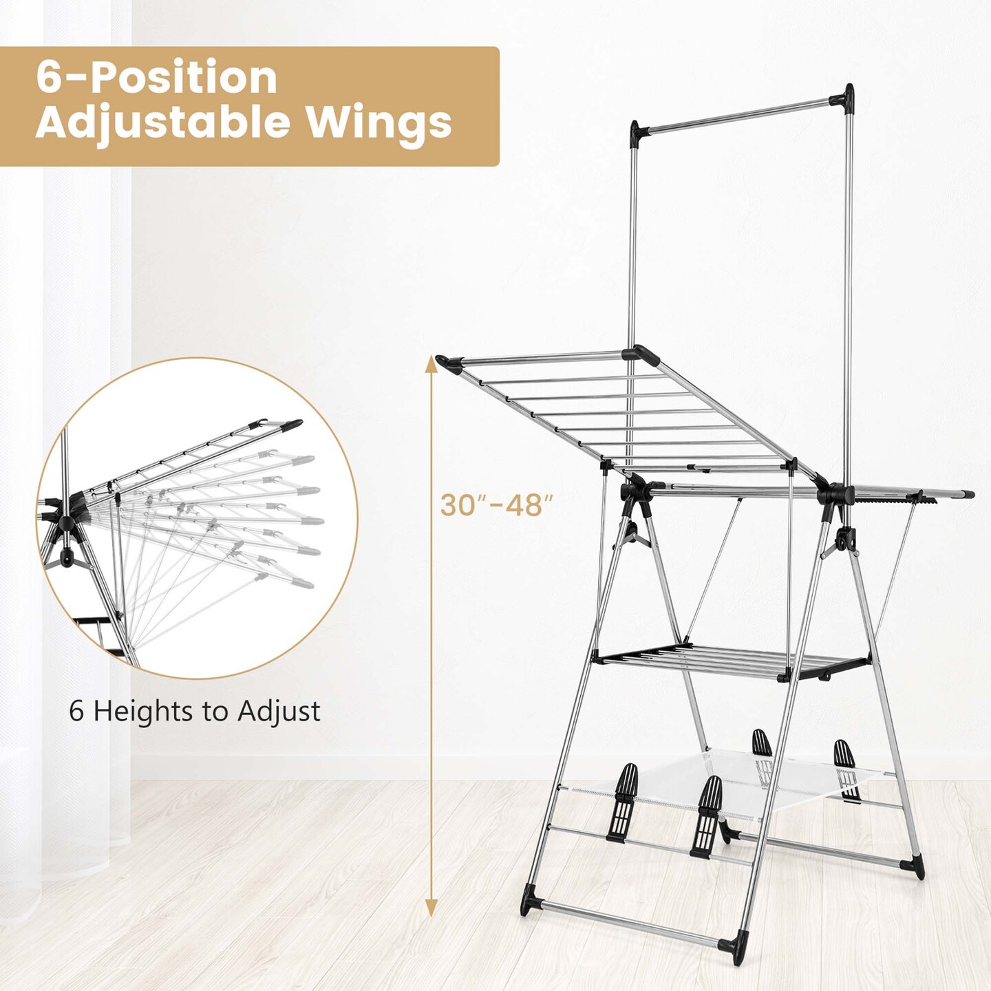 Costway 2-Layer Stainless Steel Foldable Drying Rack w/ Hanging Bar &#x26; 2 Height-adjustable Wings
