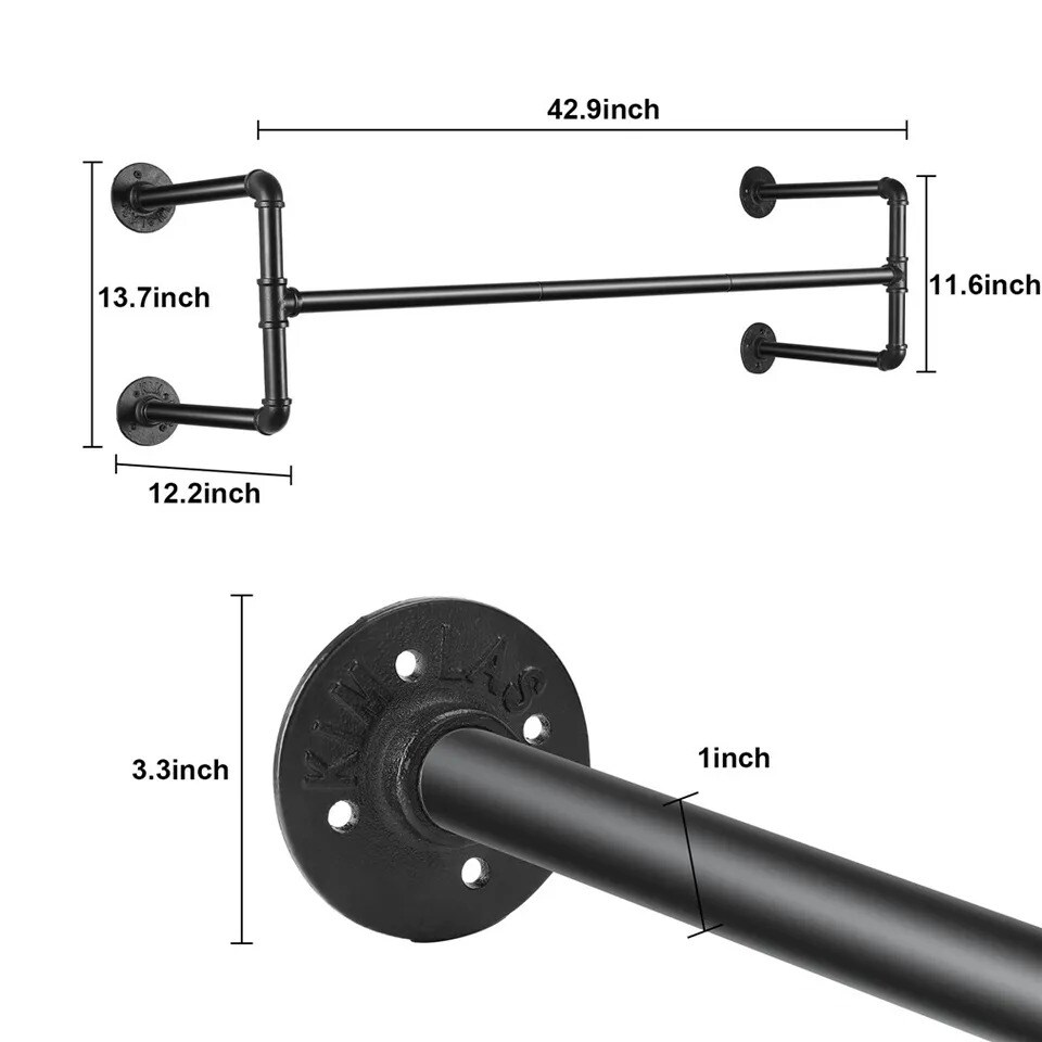 Wall Mount Garment Clothes Closet Storage Rack Hanging Rail Iron Pipe Organizer