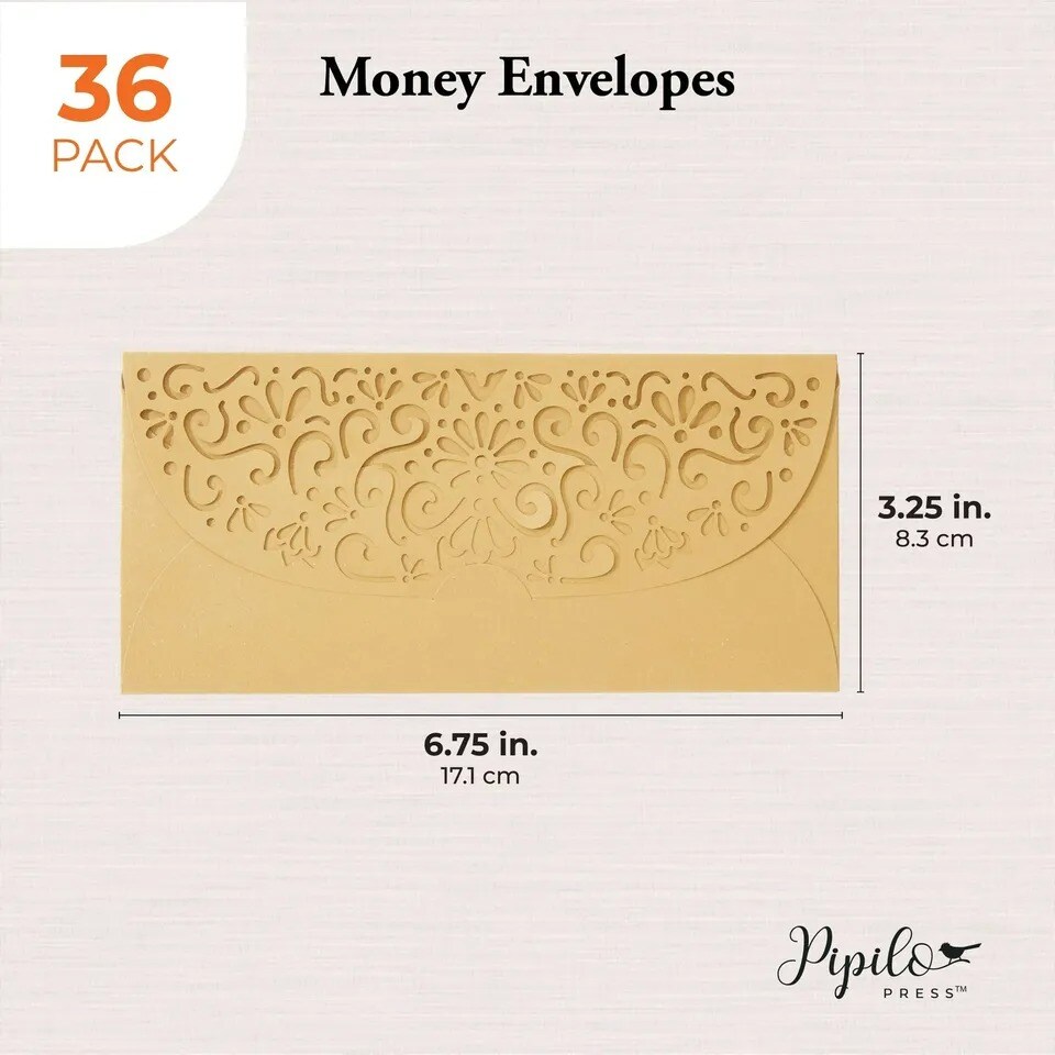 Gold Money Envelopes for Cash Gifts, Laser Cut Holders, 6.8x3.3 In, 36 Pack