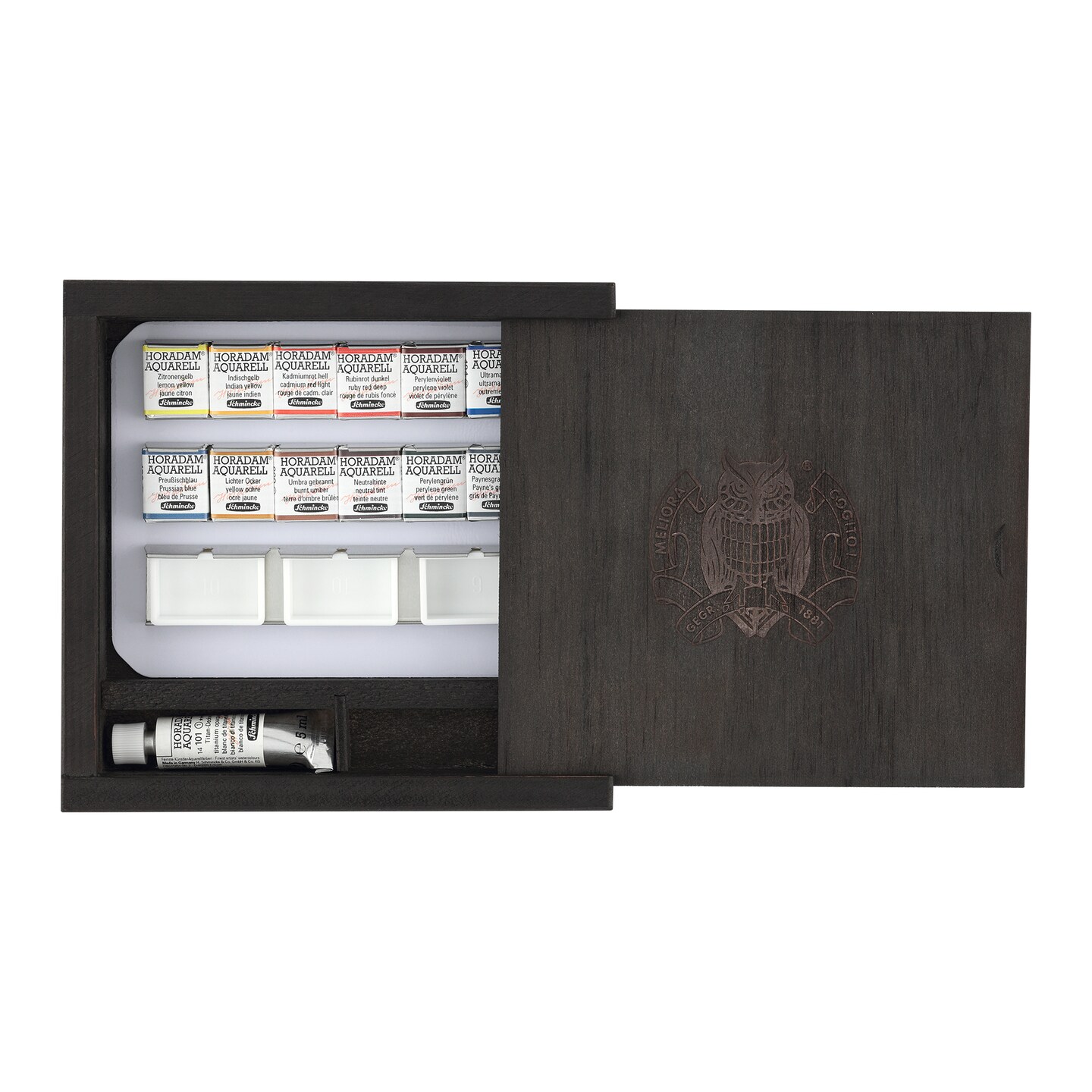 Schmincke Horadam Watercolor Set - Exclusive Limited Edition Wooden Box -12 Half Pans, 5ml Titanium White, 3 Empty Pans, Made in Germany for professionals, artists, painters