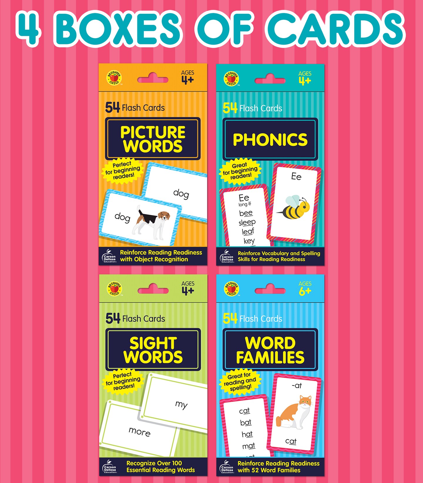 Carson Dellosa 4-Pack Reading Flash Cards for Kids Ages 4-8, Phonics Flash Cards, Sight Words Flash Cards, Word Family, and Picture Words, Kindergarten, 1st Grade, and 2nd Grade