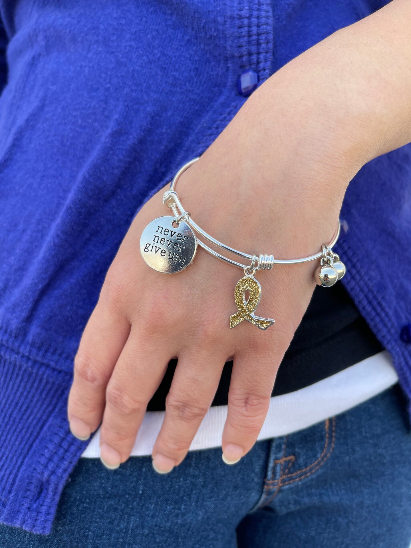 Canceer Awareness Ribbon Charm Bangles, Positive Inspirational