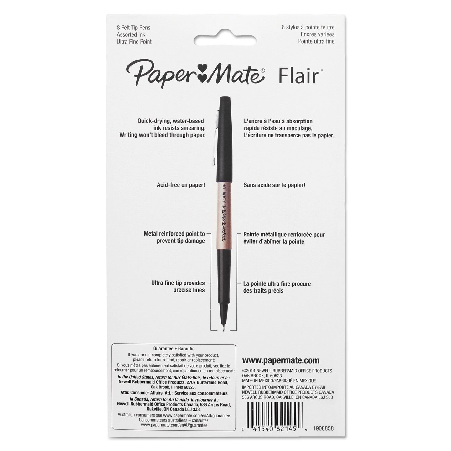 Papermate Flair Felt Tip Stick Porous Point Marker Pen, 0.4mm, Assorted Ink/Barrel, 8/Set