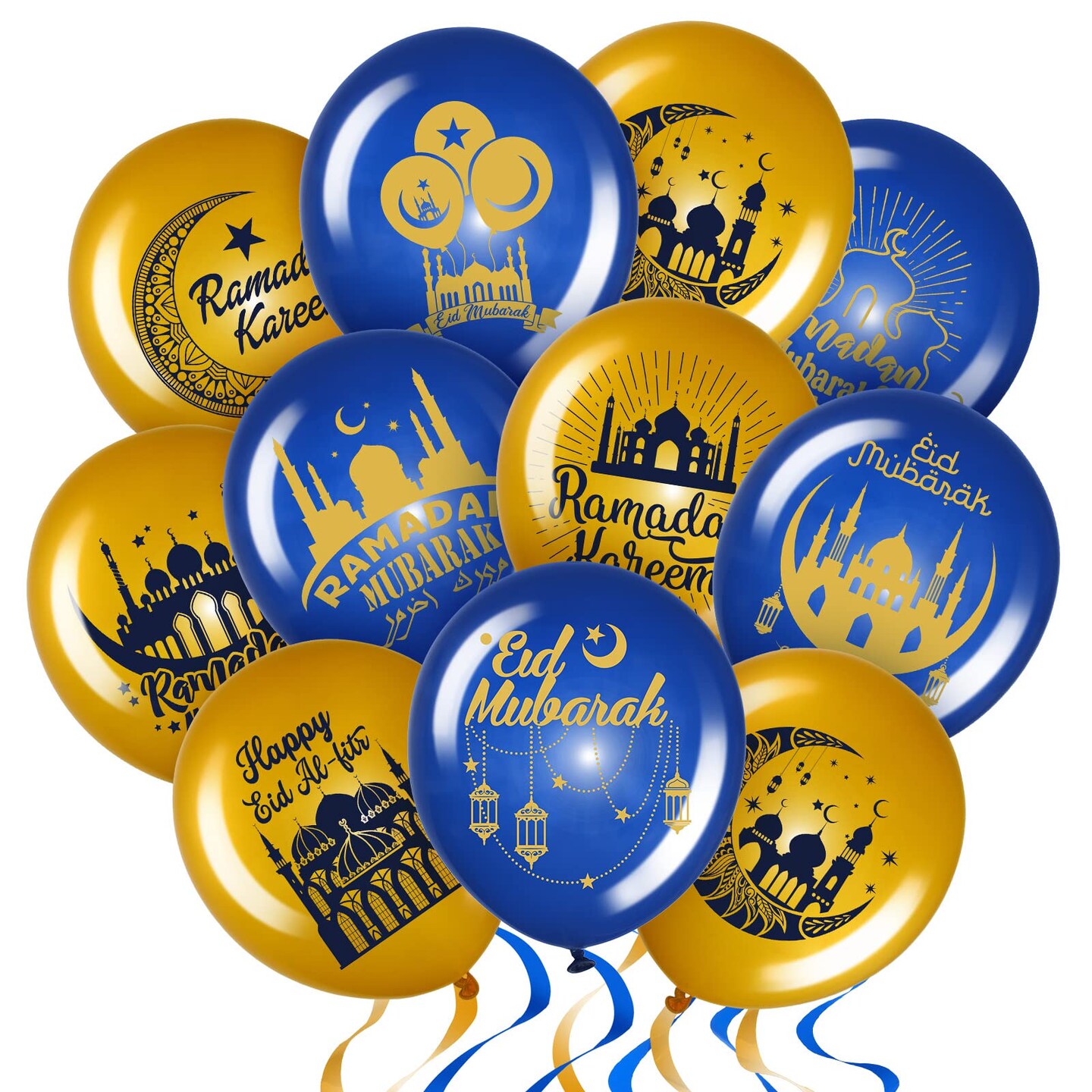 40 Pieces Ramadan Mubarak Balloons Eid Mubarak Party Decoration Happy Eid al-Fitr Theme Latex Balloons Set for Home Event Indoor Outdoor Ramadan Kareem Decor Supplies, 12 Inches (Blue and Gold)