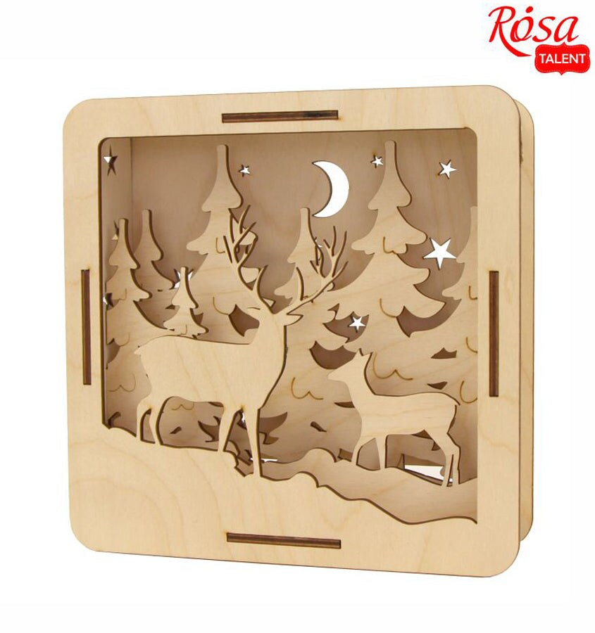 Rosa Talent Deer in the Forest - 3D composition on plywood. 7.87 x 7.87 inches