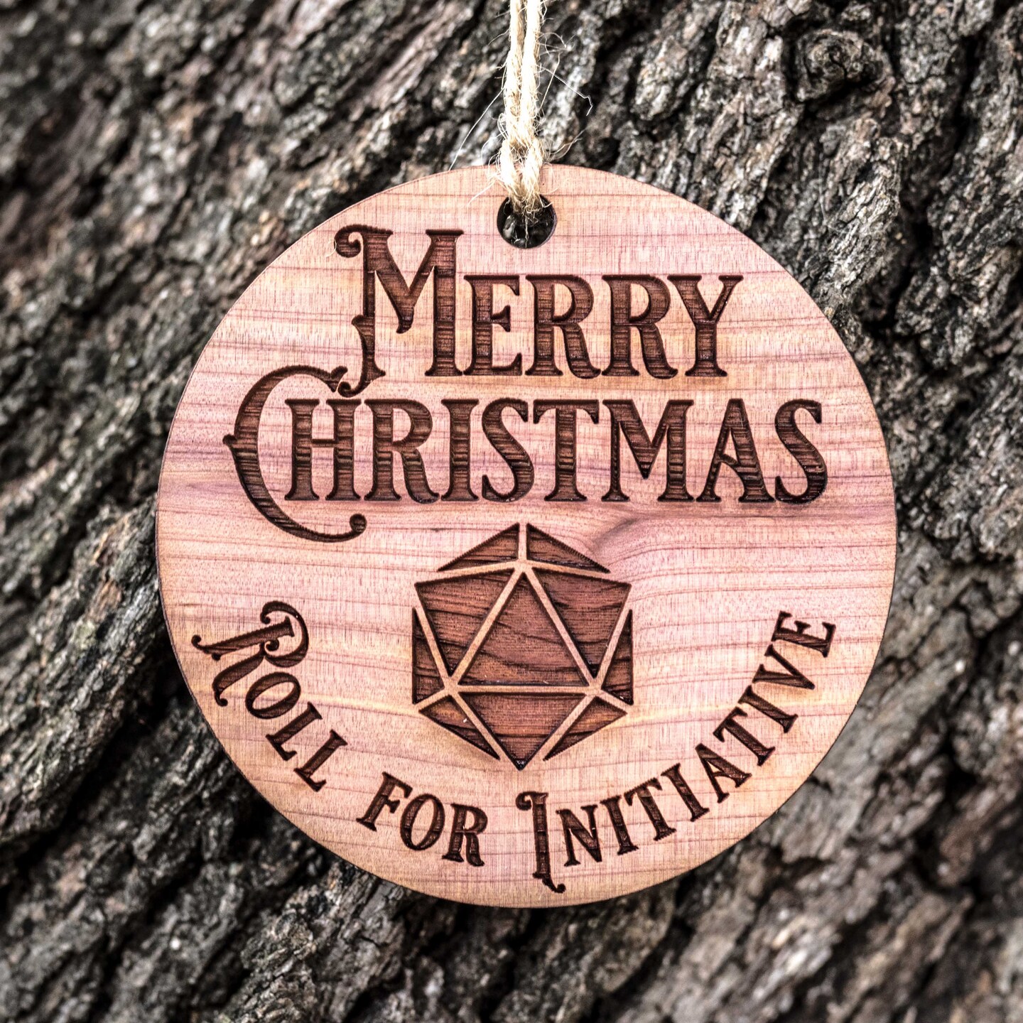 Merry Christmas - Roll for Initiative - Raw Cedar Ornament 3x3in Merry Christmas - Roll for Initiative - Raw Cedar Ornament 3x3in