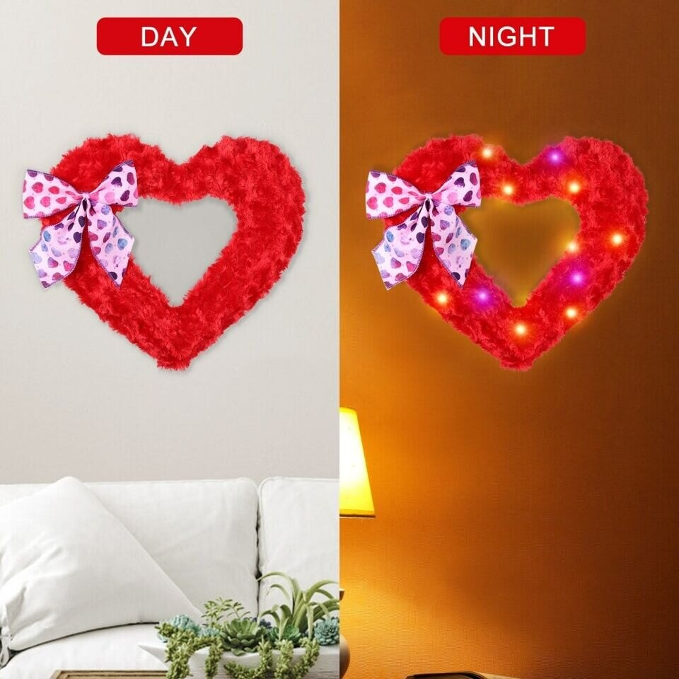 Valentine 15&#x2019;&#x2019; Red Heart Wreath w/ Love Bows LED Lights