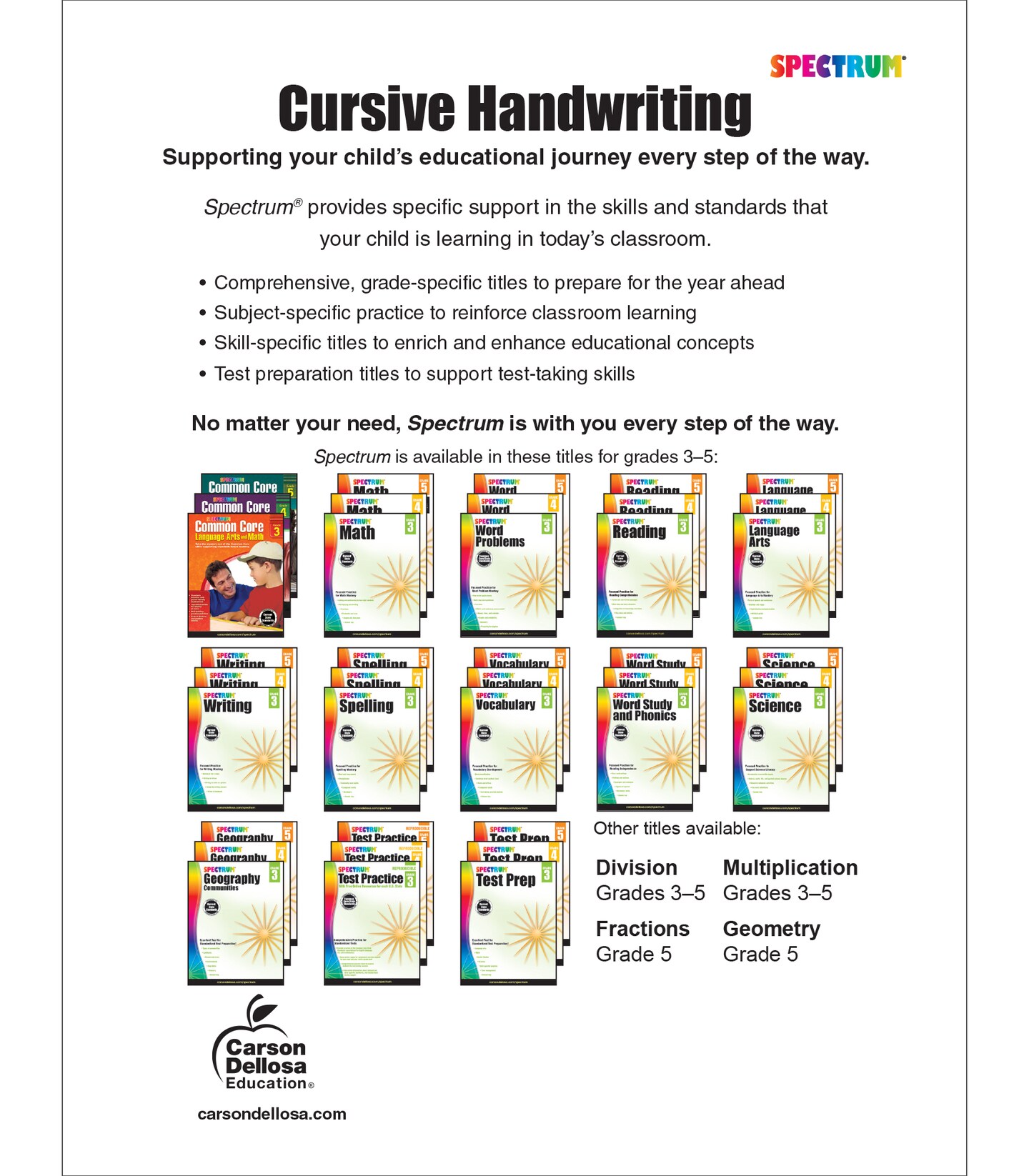 Spectrum Cursive Handwriting Workbook for Kids Ages 8 to 12, Letters and Cross-Curricular Words Cursive Handwriting Workbook for Kids, Grades 3 to 5 - 96 Pages