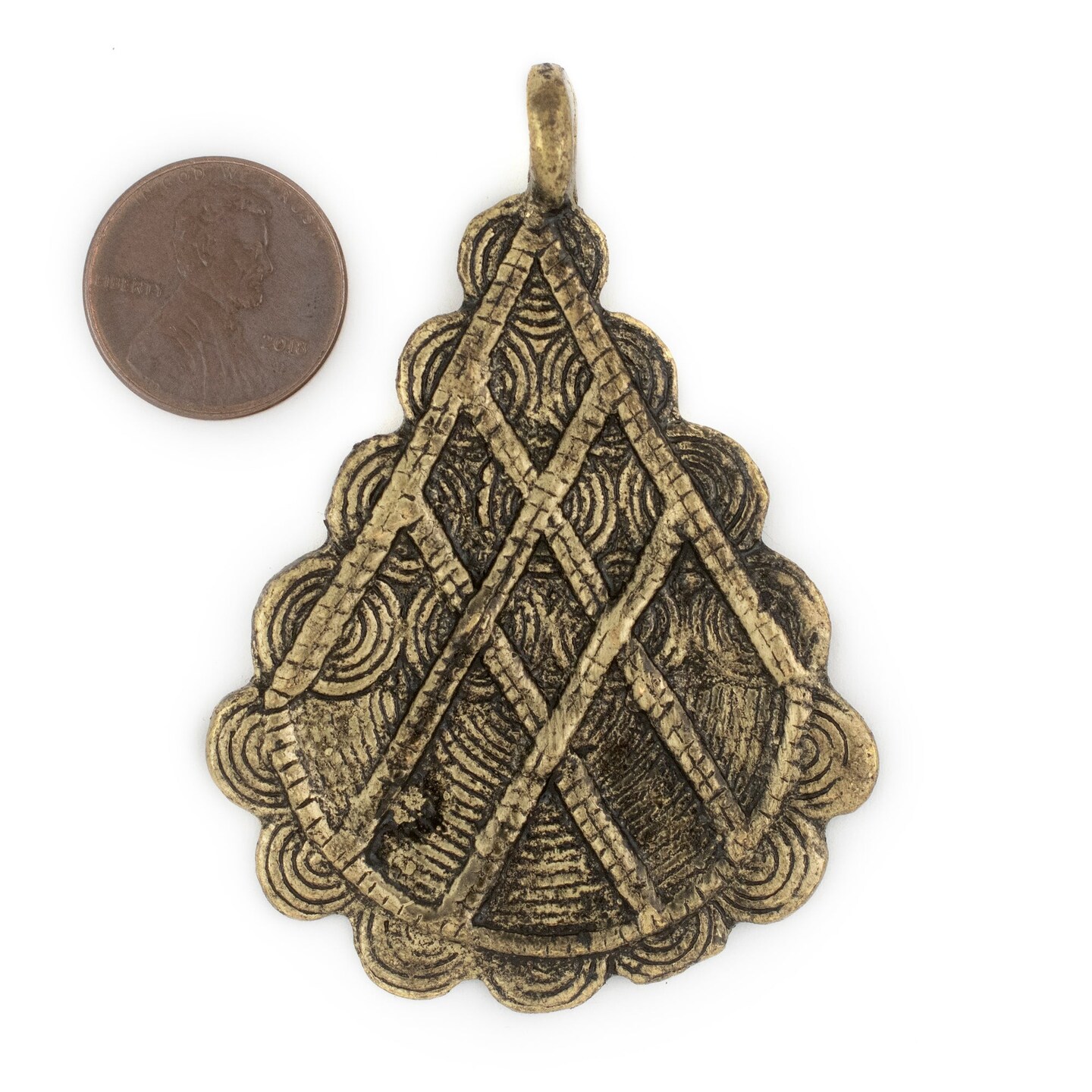 TheBeadChest Antiqued Brass Baule Pyramid Pendant 67x48mm Ivory Coast African Large Hole Handmade