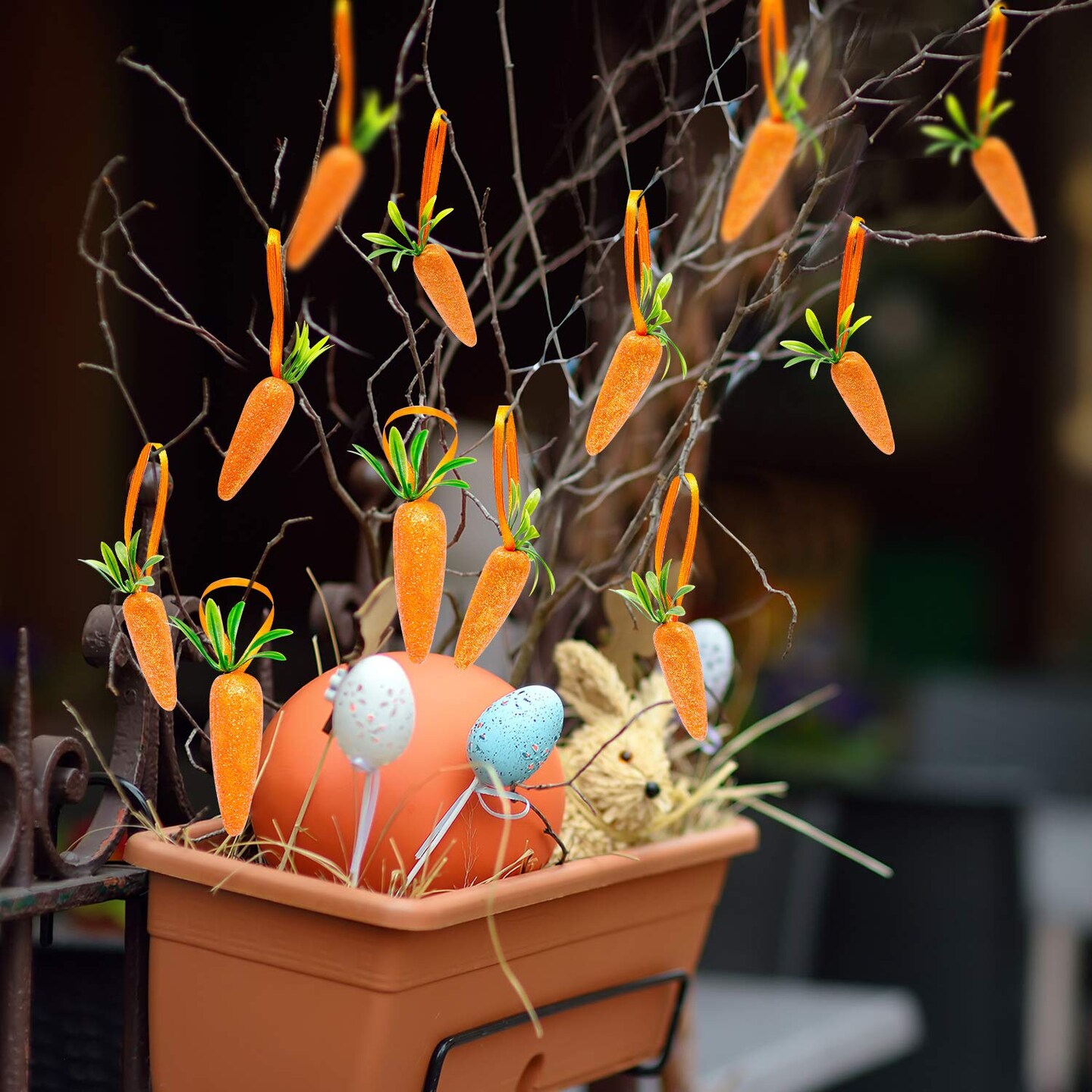 Easter Carrot Hanging Ornaments - 12Pcs Premium Foam Glitter Artificial Carrots for Easter Decoration