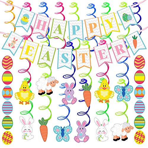 JOYIN 31 PCS Easter Decorations Egg Bunny Foil Swirl Party Hanging Decoration huge Value Kit for Easter and Themed Party Decoration bid