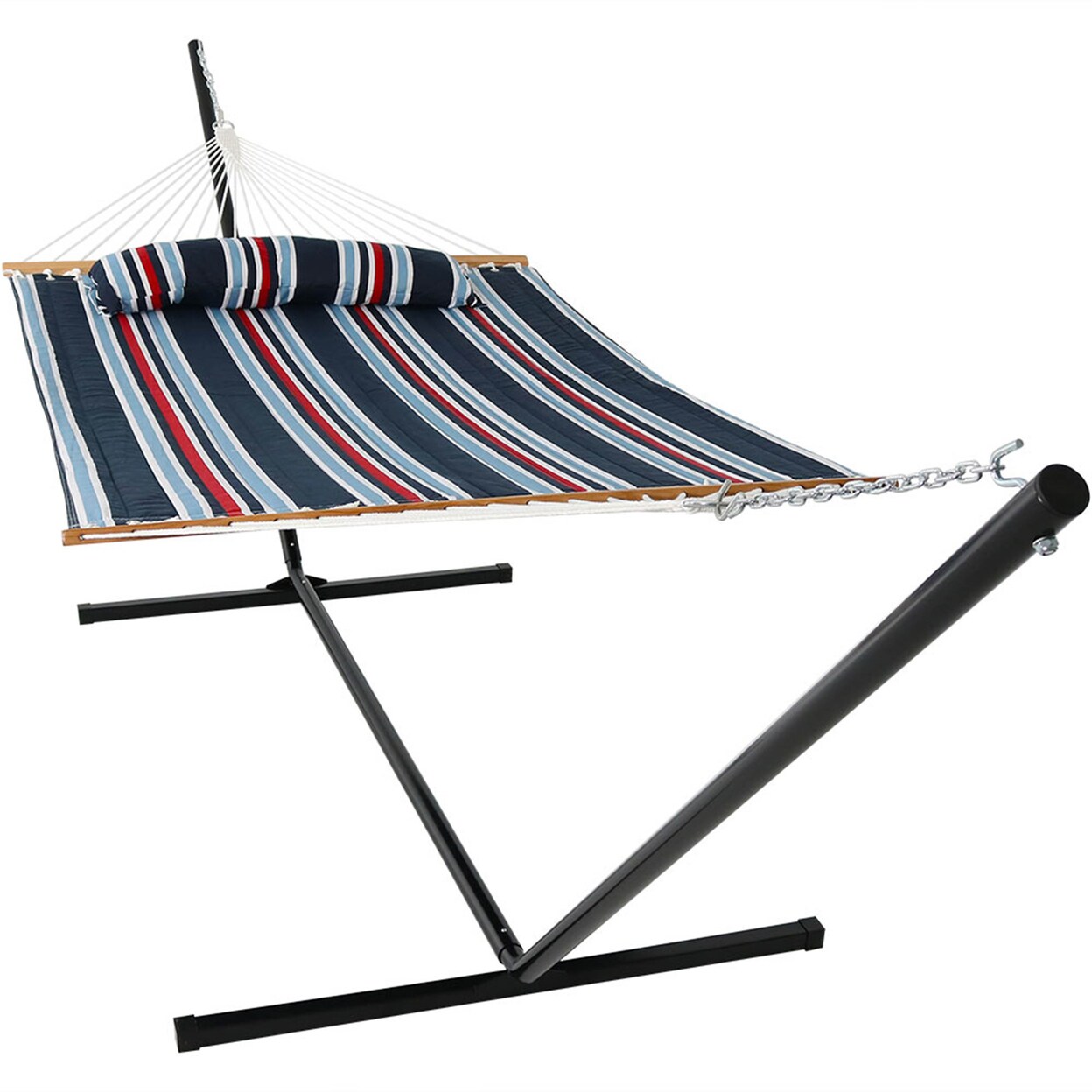 Large Quilted Fabric Hammock With Steel Stand - Nautical Stripe By Sunnydaze