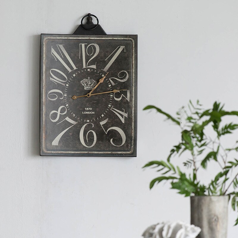 Large Vintage Black Rectangular Wall Clock with White Numerals, Home Decor Accent Clock