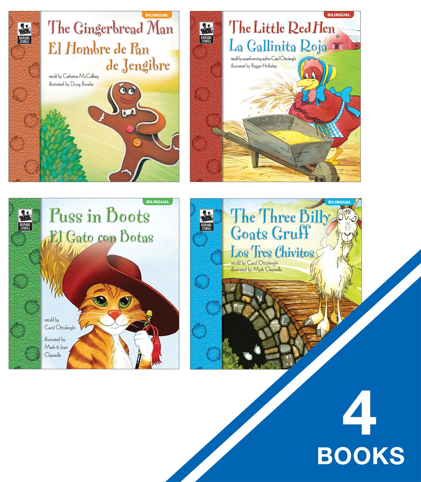 Carson Dellosa Keepsake Stories Children&#x27;s Fairy Tales in Spanish and English Book Set, The Little Red Hen, The Gingerbread Man, The Three Billy Goats Gruff and Puss in Boots Bilingual Books for Kids