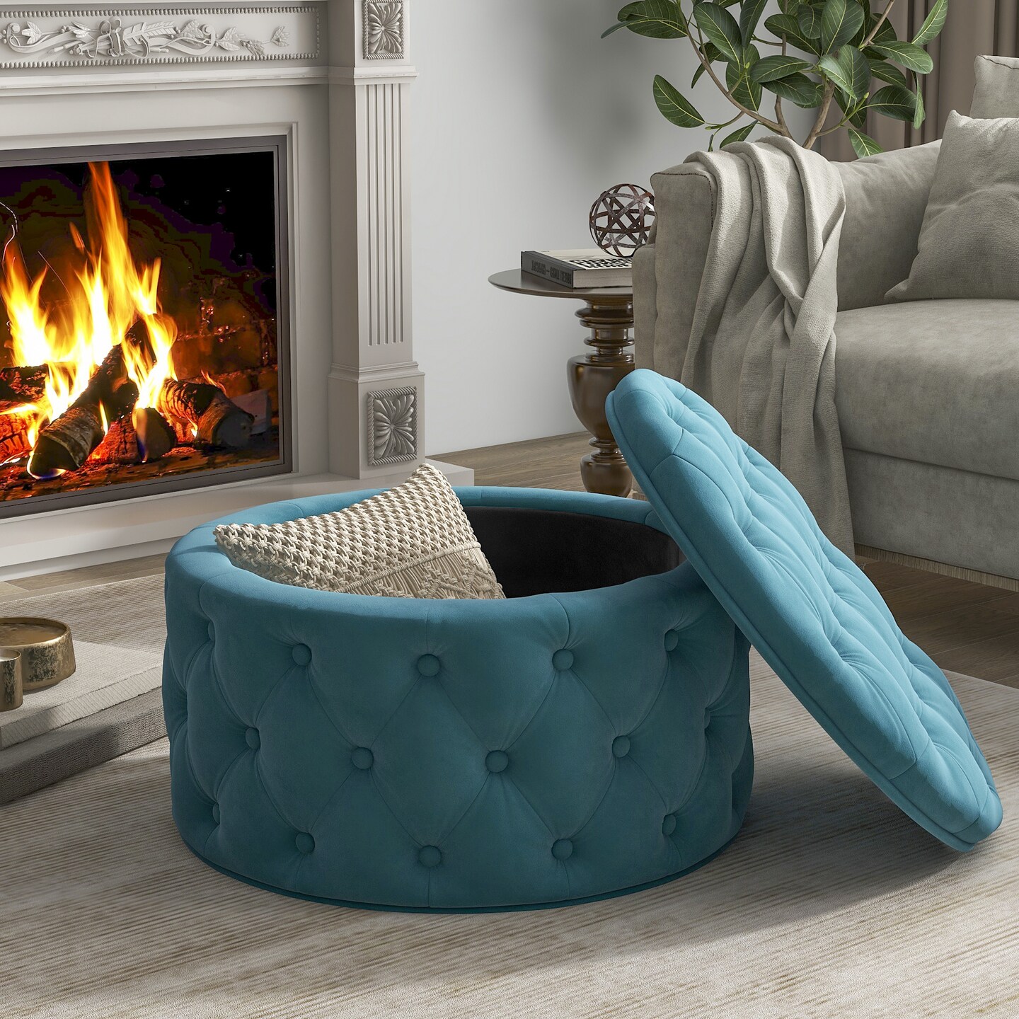 29.5&#x22;Wide Classic Button Tufted Velvet Round Ottoman With Storage Living Room Footrest