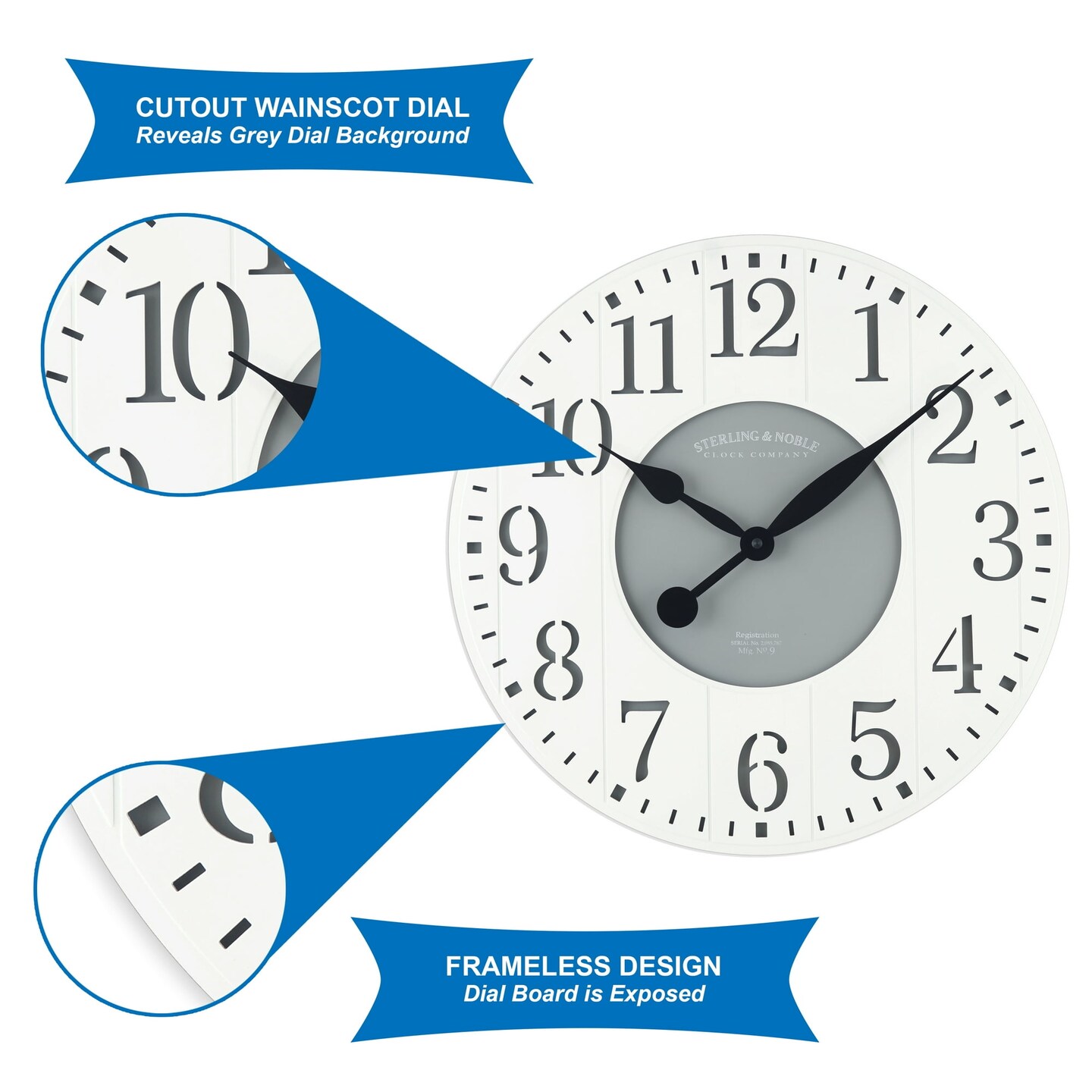 Mainstays 23.5&#x22; White and Gray Arabic Wainscot Farmhouse Analog Wall Clock