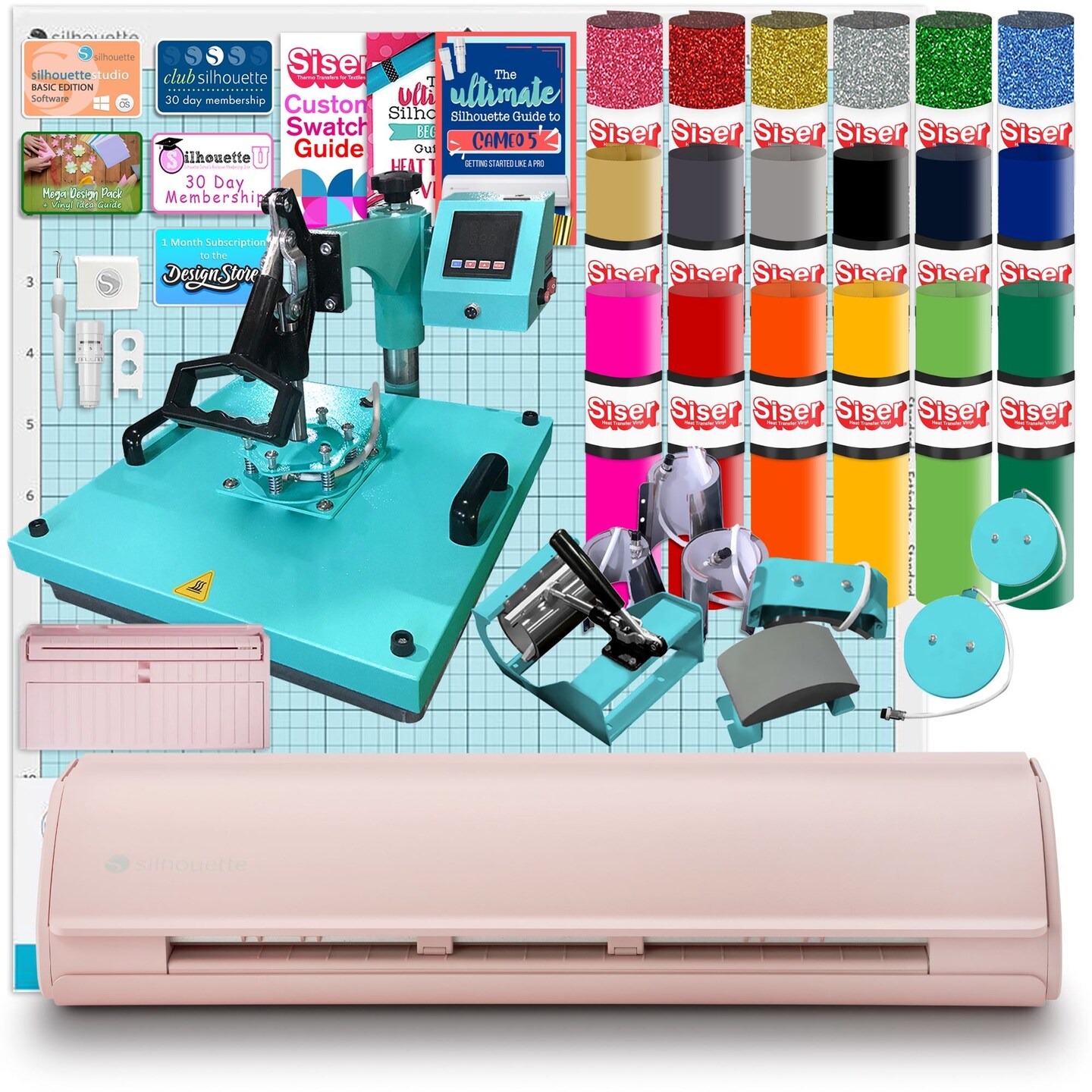 Silhouette Pink Cameo 5 w/ 8-in-1 Turquoise Heat Press &#x26; Siser HTV