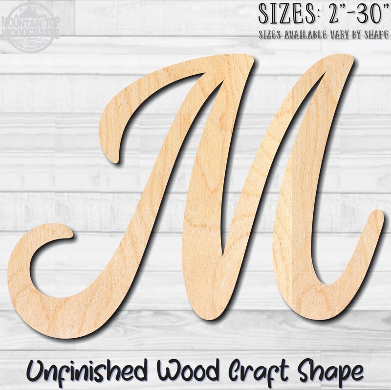 Script Letter M Fancy Unfinished Wood Shape Blank Laser Engraved Cutout ...