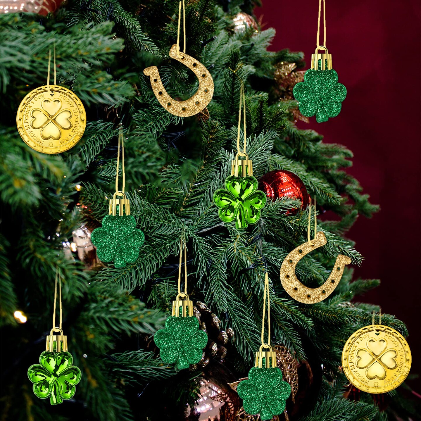 St. Patricks Day Decorations Shamrock Ornaments - 48pcs Shamrock Clover Gold Coins Horseshoe Tree Ornaments for Spring Lucky Irish Day St Patrick&#x27;s Day Home Table Tree Party Hanging Decorations