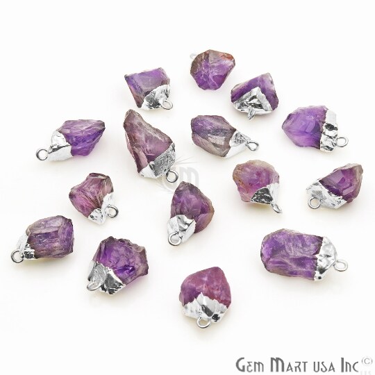 Rough Gemstone Pendant, Birthstone Raw Pendant, Silver Electroplated Connector Charms, 15x10mm (Approx), 1 pc, GemMartUSA (50470)