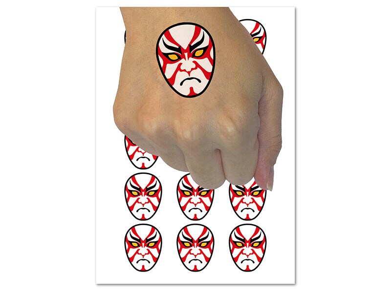 Japanese Kabuki Opera Mask Temporary Tattoo Water Resistant Fake Body Art Set Collection (1 Sheet)