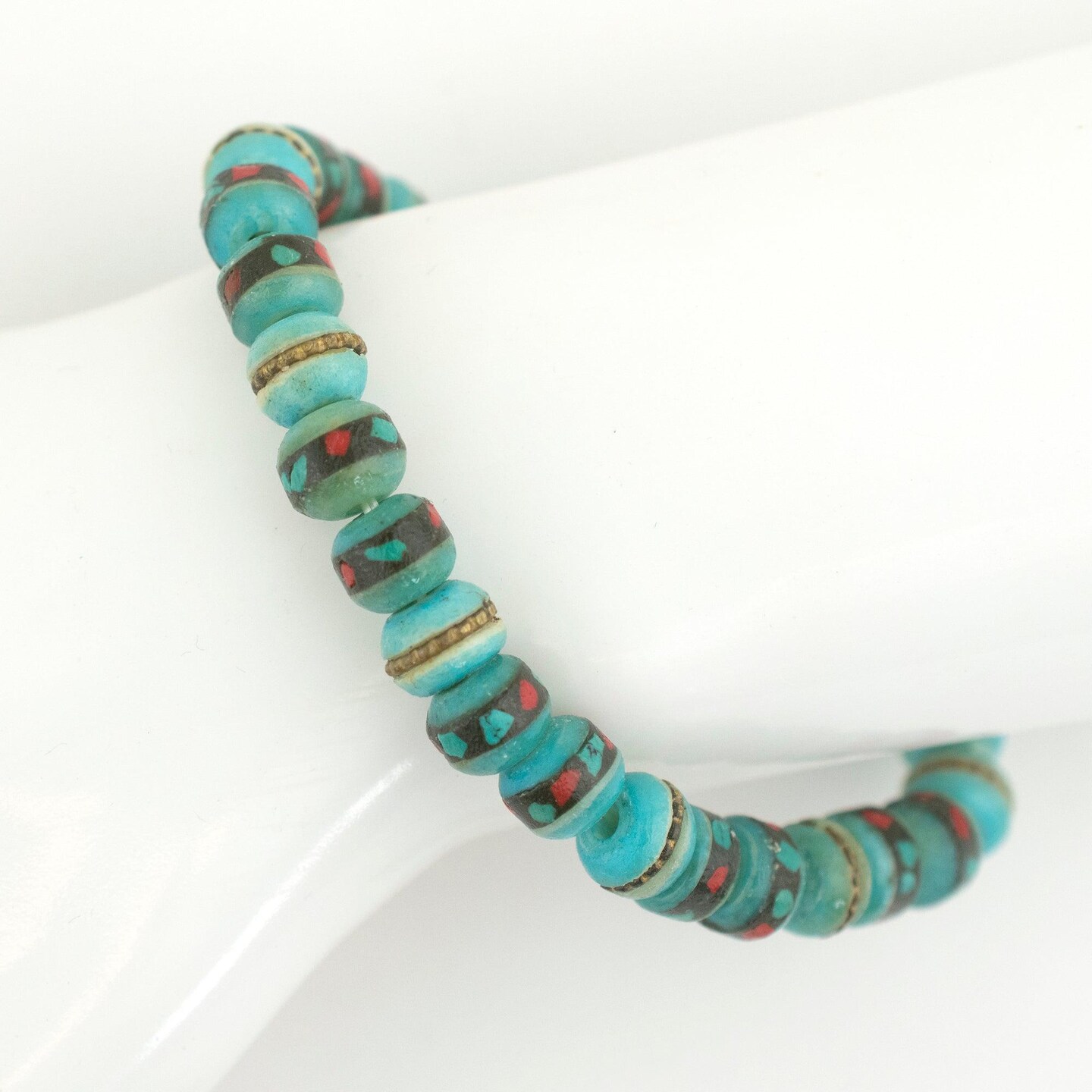 TheBeadChest Mala Stretch Bracelet, Vintage-Style Turquoise - Stackable Nepal Bone Inlaid with Turquoise &#x26; Coral Colors, 100% Authentic and Genuine