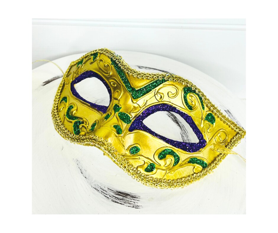 Masquerade Mardi Gras Mask - Gold/Purple/Green, 6.5&#x22;Lx3.75&#x22;H-HG1041