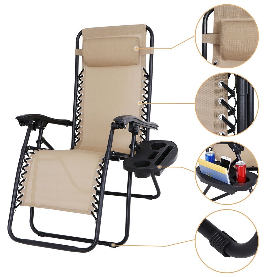 2 Zero Gravity Reclining Chairs Folding Garden Lounge Beach Lawn with Trays