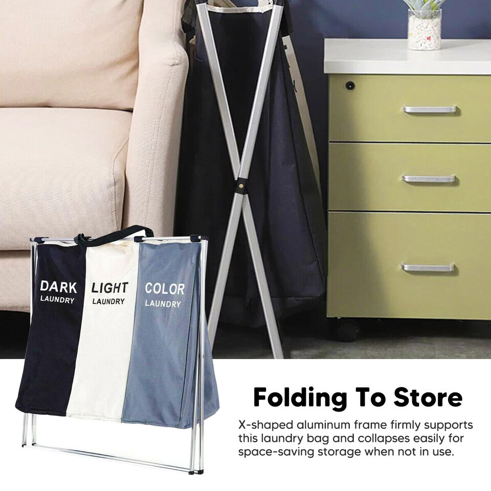 3 Section Laundry Hamper Basket Sorter Clothe Storage Foldable Bag Bin Organizer
