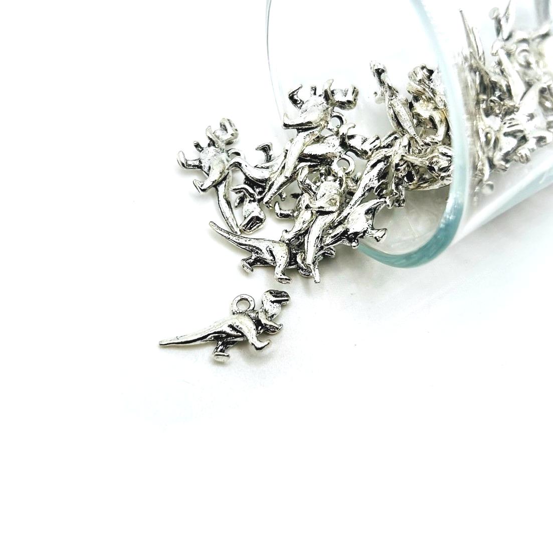 4, 20 or 50 Pieces: Silver T-Rex Dinosaur 3D Charms