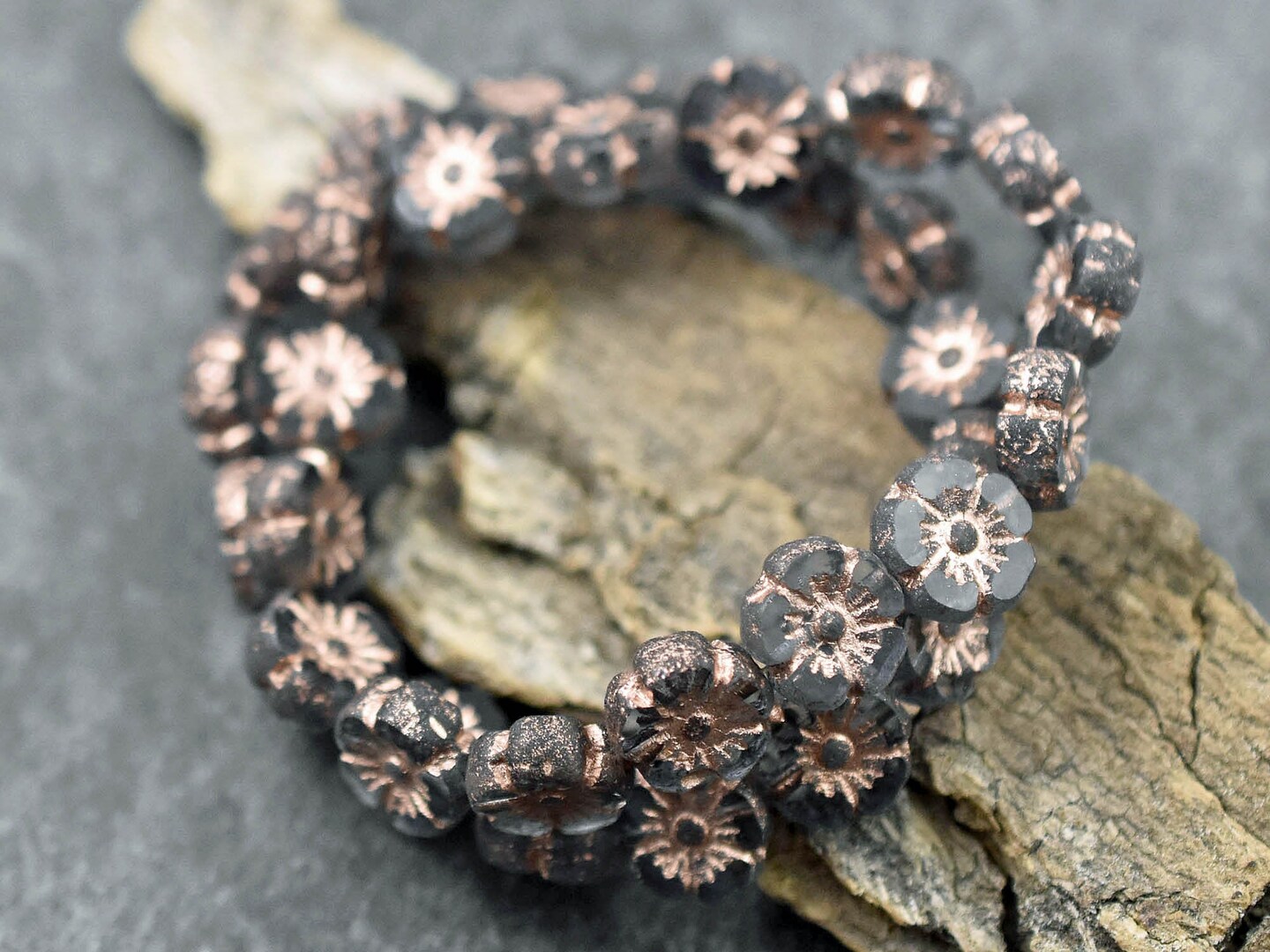 *16* 9mm Copper Washed Etched Gray Table Cut Hawaiian Flower Beads