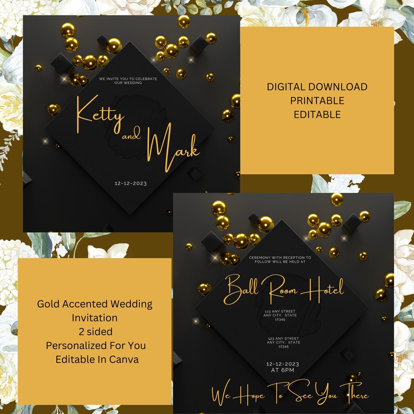 Gold Accented Wedding Invitation, Two Sided and Personalized,  Printable Invitation, Digital Download product 3