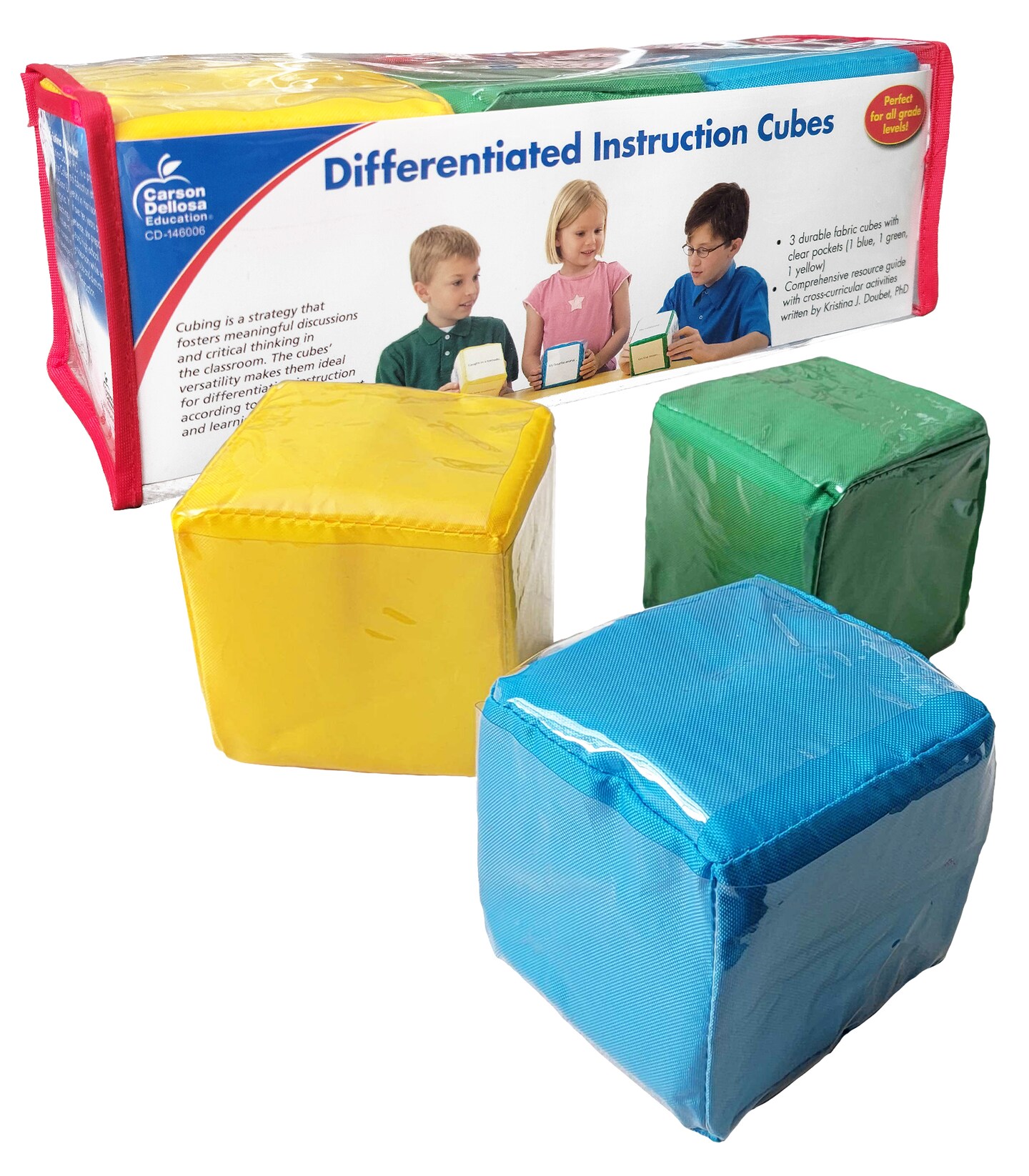Carson Dellosa Differentiated Instruction Activity Cube Set, Green, Yellow, and Blue 4" x 4" Foam Blocks With Clear Pockets for Cross-Curricular Activities, DIY Dice Games