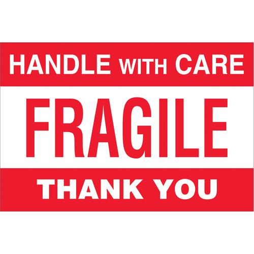 Tape Logic Labels, &#x22;Fragile - Handle With Care&#x22;, 4&#x22; x 6&#x22;, Red/White, 500/Roll