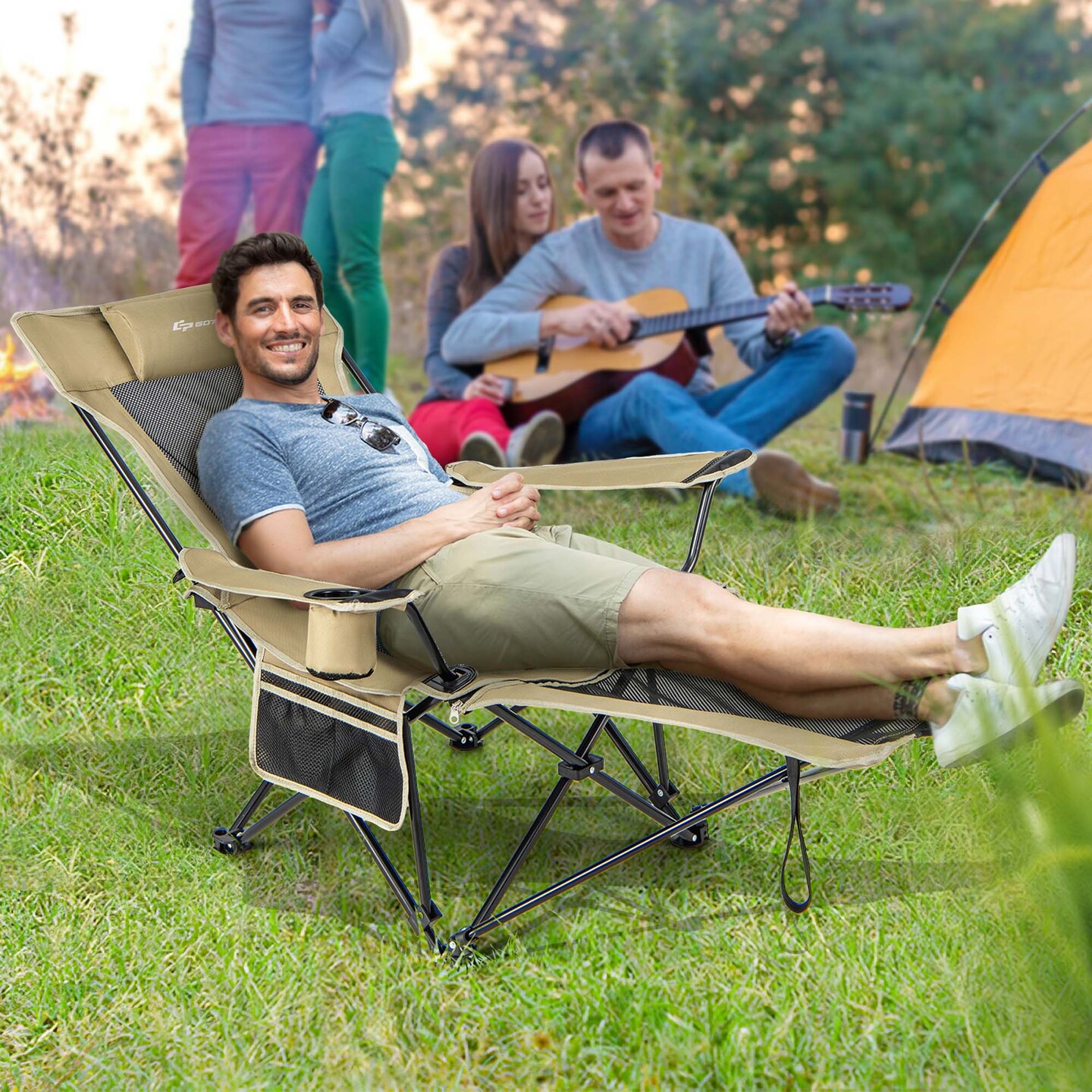 Goplus Folding Camping Chair with Detachable Footrest for Fishing, Camp, Picnics Khaki/Grey