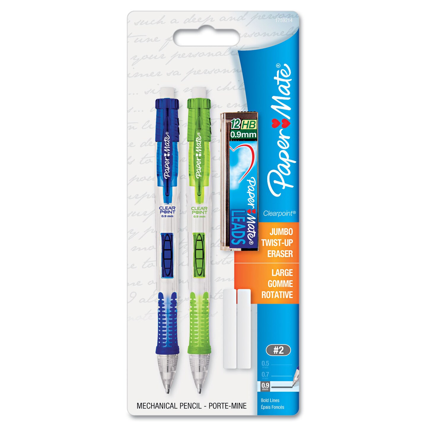 Papermate Clear Point Mechanical Pencil, 0.9 mm, HB (#2.5), Black Lead, Assorted Barrel Colors, 2/Pack