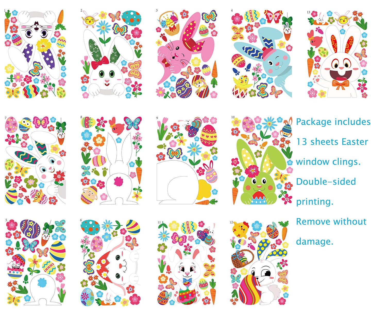 361PCS Easter Bunny Window Cling Decorations - Egg Hunt Games Decals Home Party Ornaments