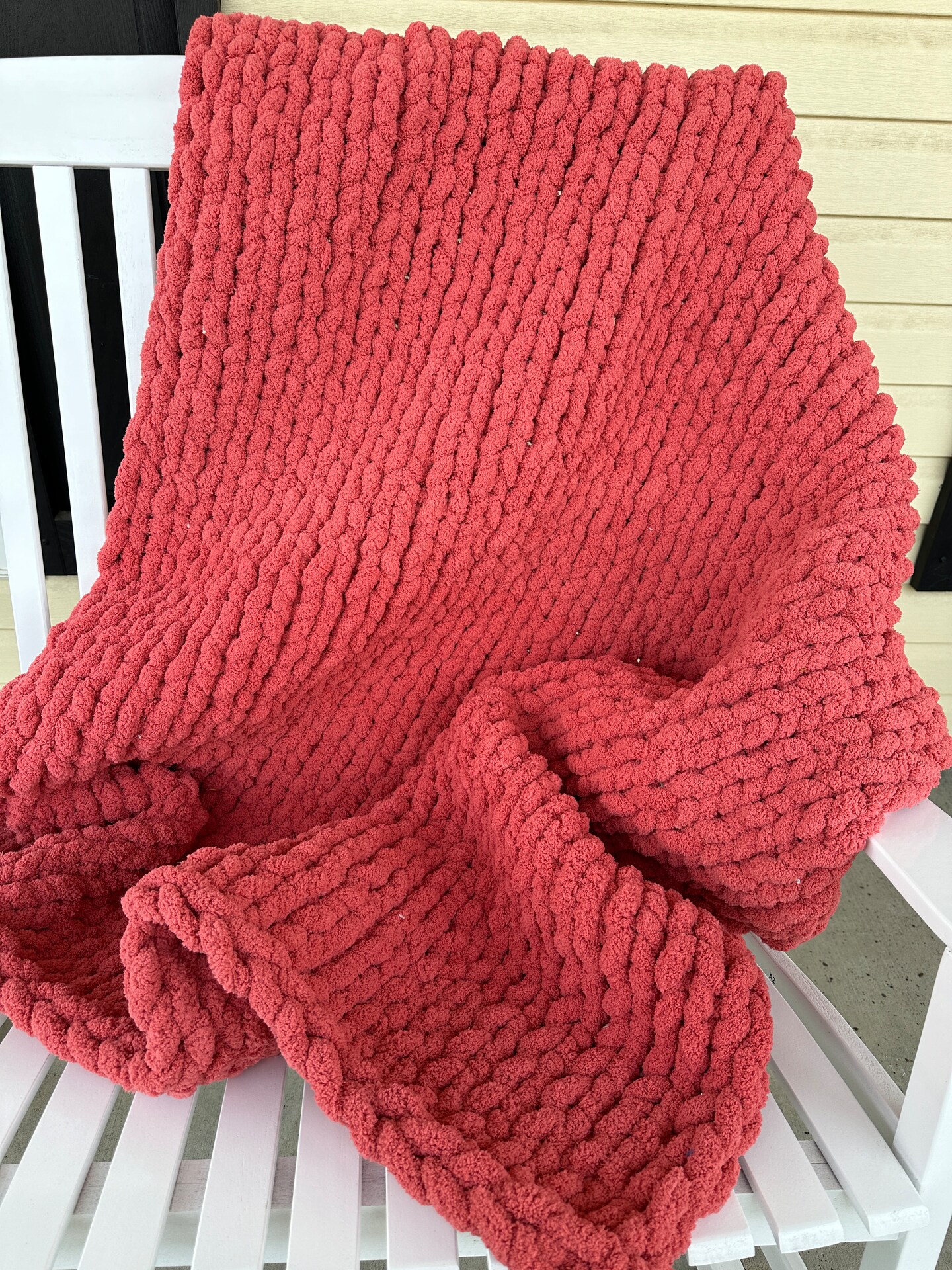 Handmade coral colored chunky knit crochet blanket hotsell